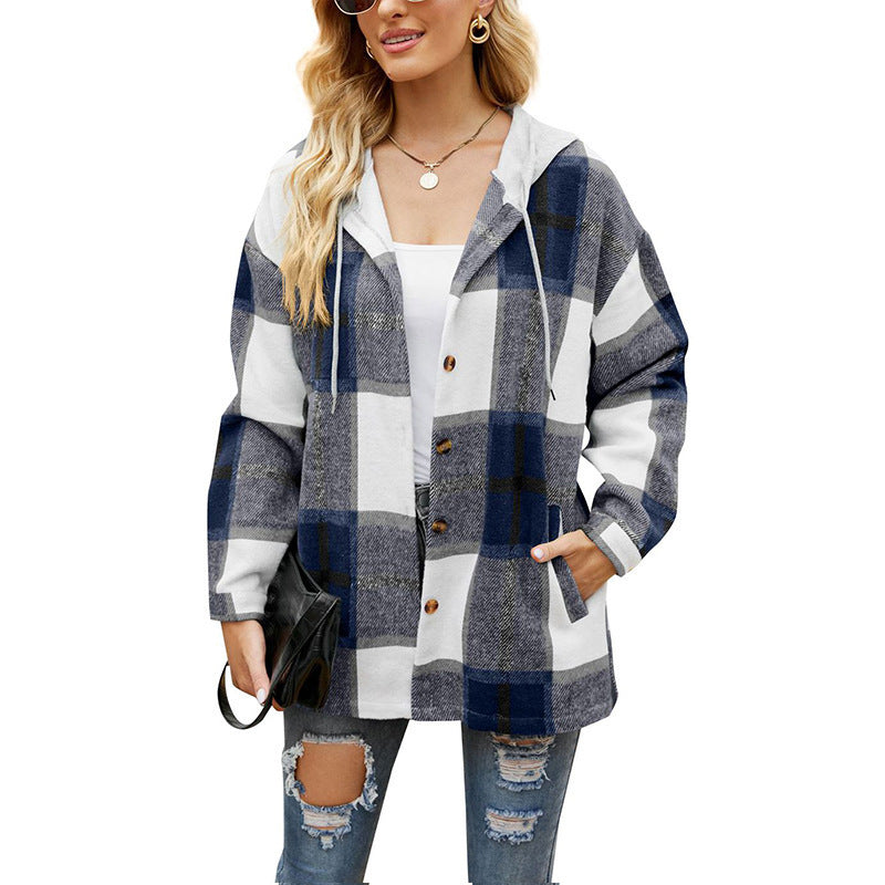 Women's Casual Plaid Hooded Shirt Jacket