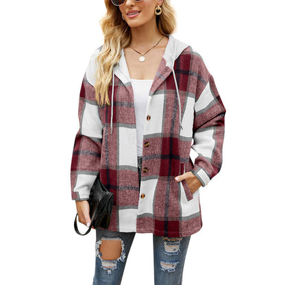 Women's Casual Plaid Hooded Shirt Jacket