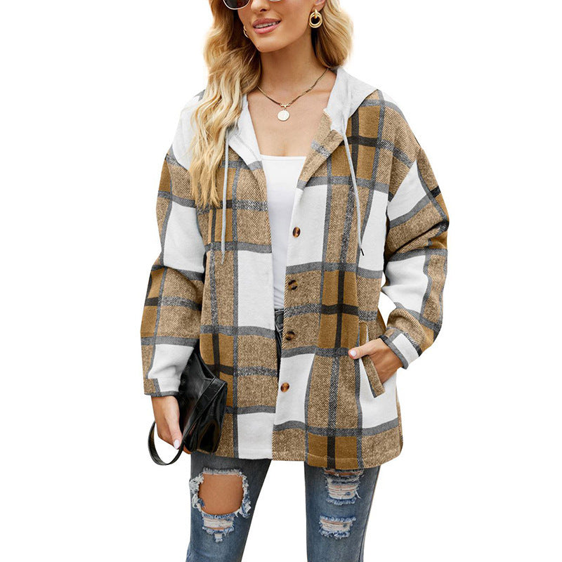 Women's Casual Plaid Hooded Shirt Jacket