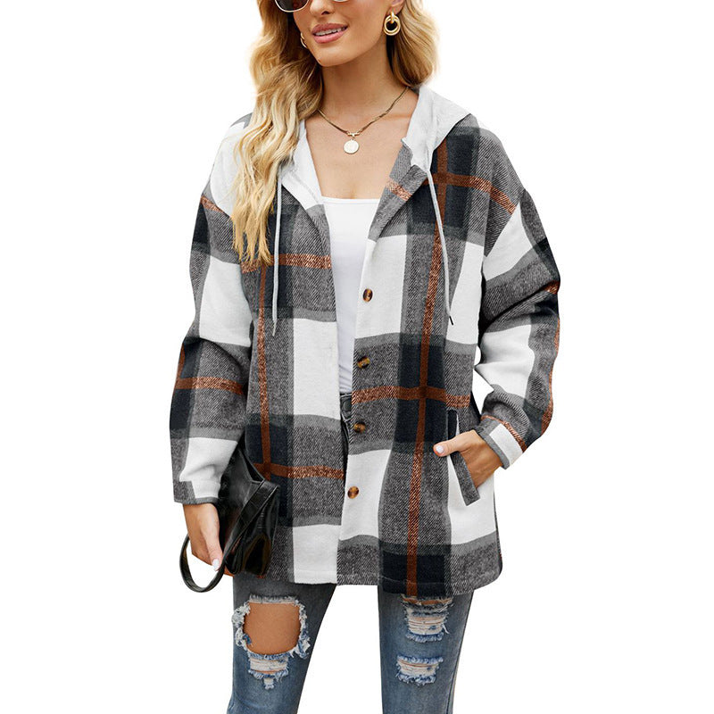 Women's Casual Plaid Hooded Shirt Jacket