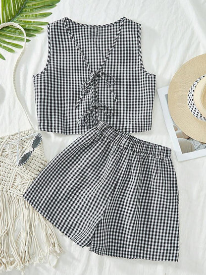 Women's Casual Plaid Lace-Up Vest and Shorts Set