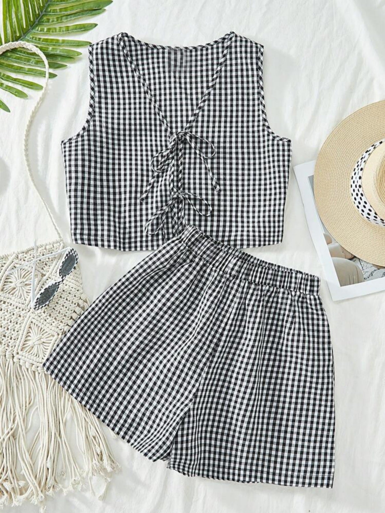Women's Casual Plaid Lace-Up Vest and Shorts Set