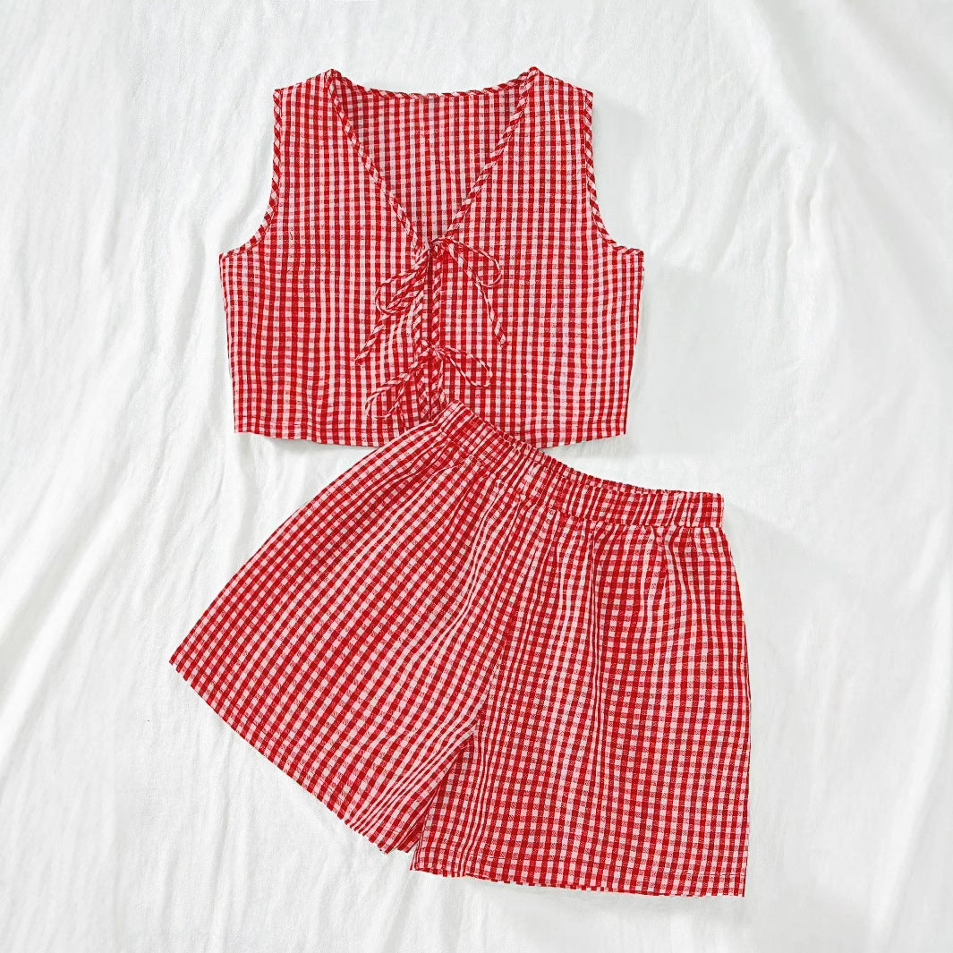 Women's Casual Plaid Lace-Up Vest and Shorts Set