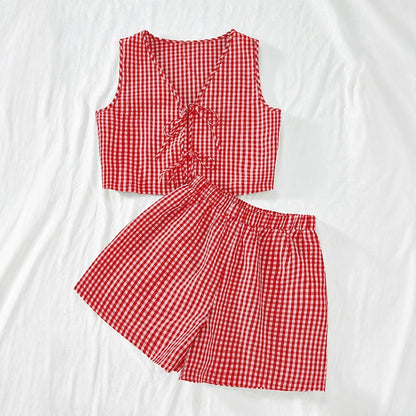 Women's Casual Plaid Lace-Up Vest and Shorts Set