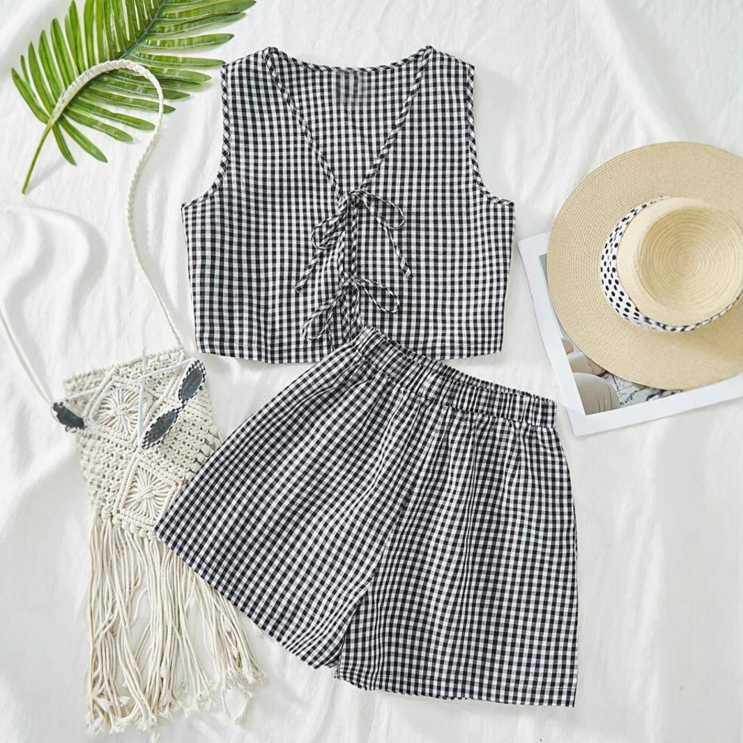 Women's Casual Plaid Lace-Up Vest and Shorts Set