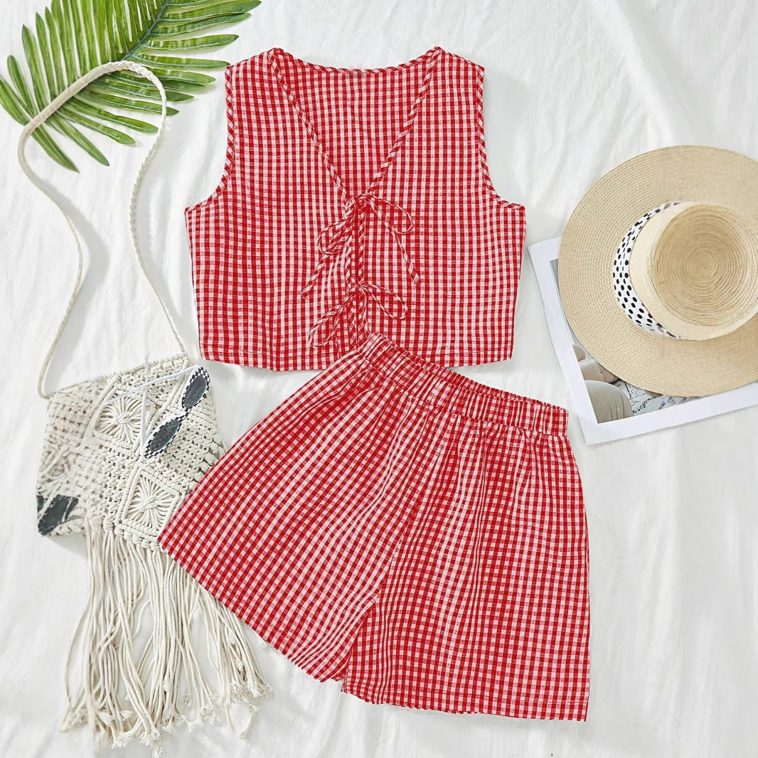 Women's Casual Plaid Lace-Up Vest and Shorts Set