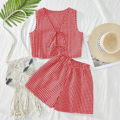 Women's Casual Plaid Lace-Up Vest and Shorts Set