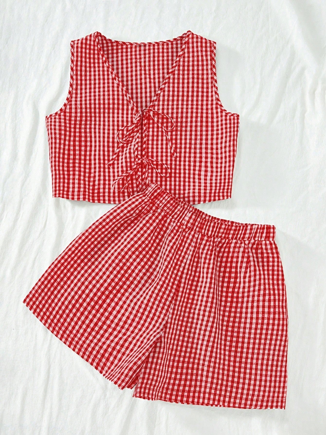 Women's Casual Plaid Lace-Up Vest and Shorts Set