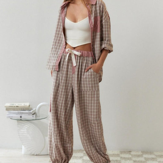 Women's Casual Plaid Shirt and Pants Pajama Set