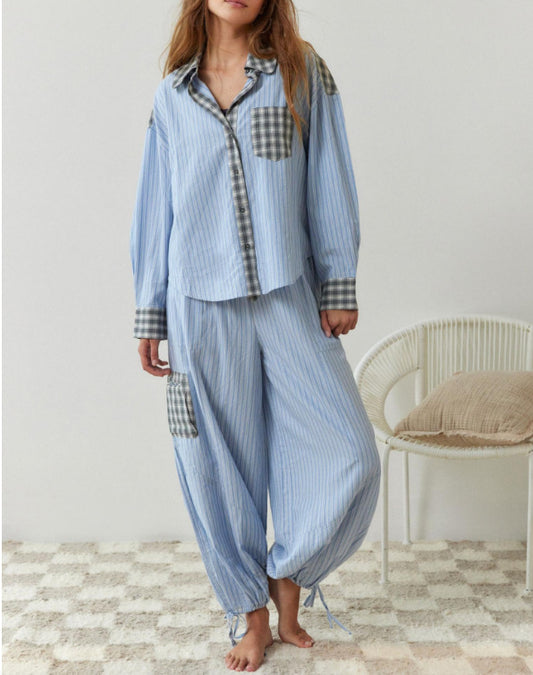 Women's Casual Plaid Shirt and Pants Pajama Set