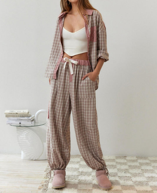 Women's Casual Plaid Shirt and Pants Pajama Set