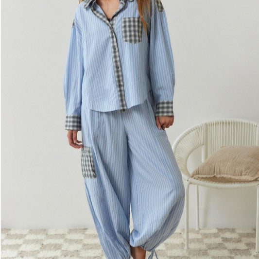 Women's Casual Plaid Shirt and Pants Pajama Set