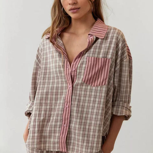 Women's Casual Plaid Shirt and Pants Pajama Set