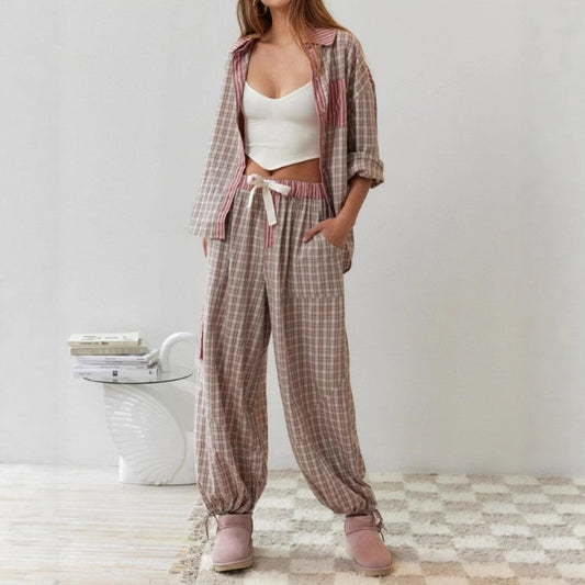 Women's Casual Plaid Shirt and Pants Pajama Set