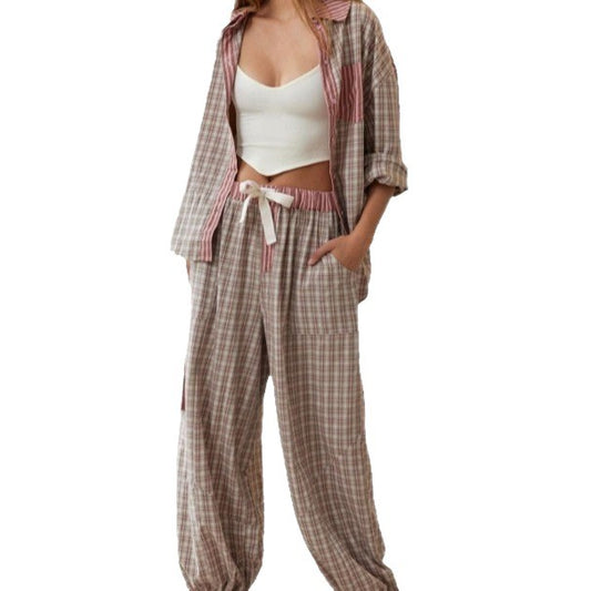 Women's Casual Plaid Shirt and Pants Pajama Set