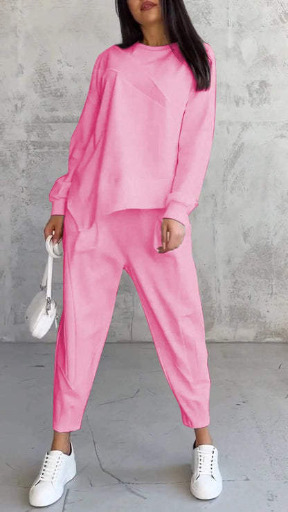 Women's Casual Round Neck Loose Long Sleeve Sweatshirt Set
