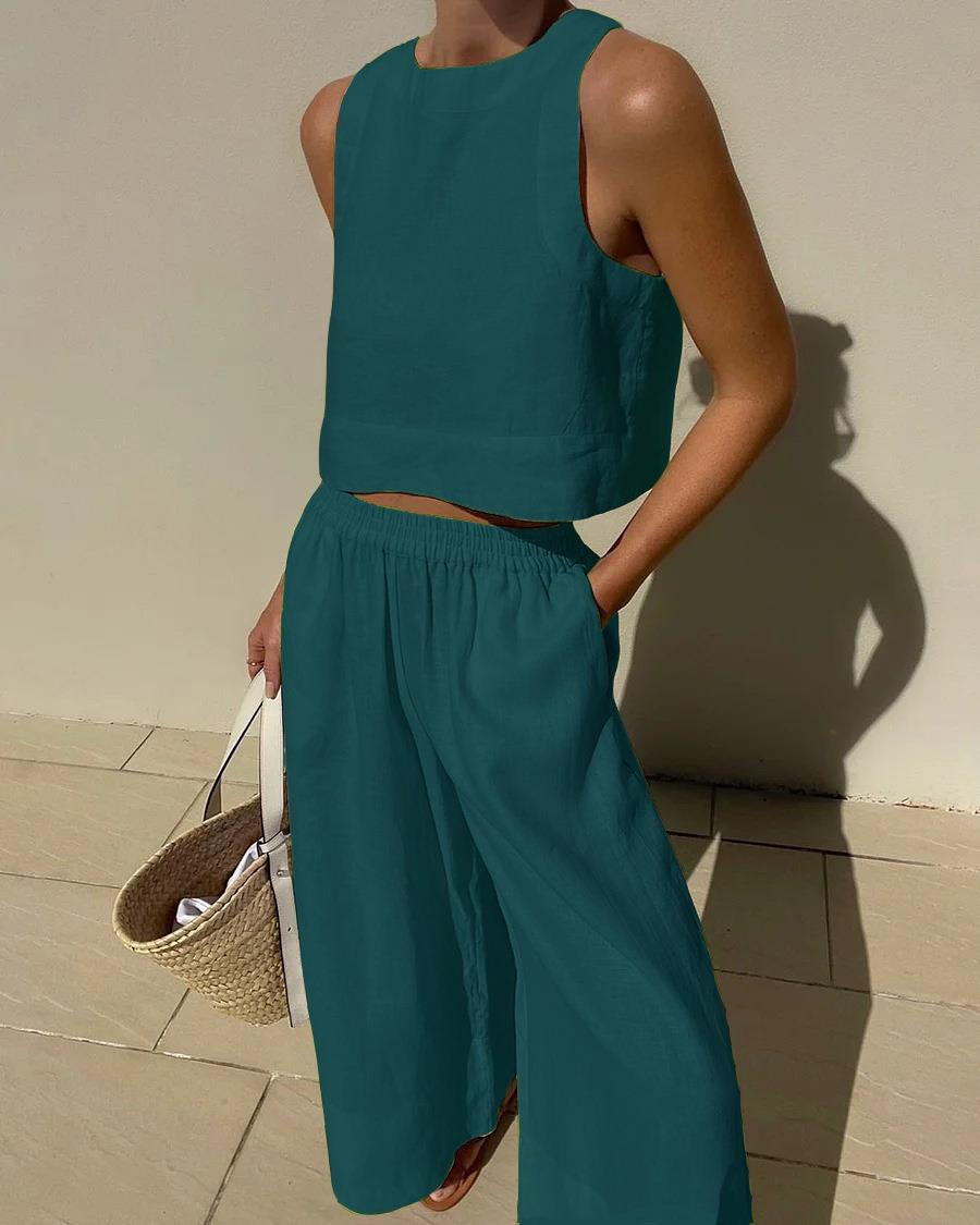 Women's Casual Sleeveless Shirt and Pants Set