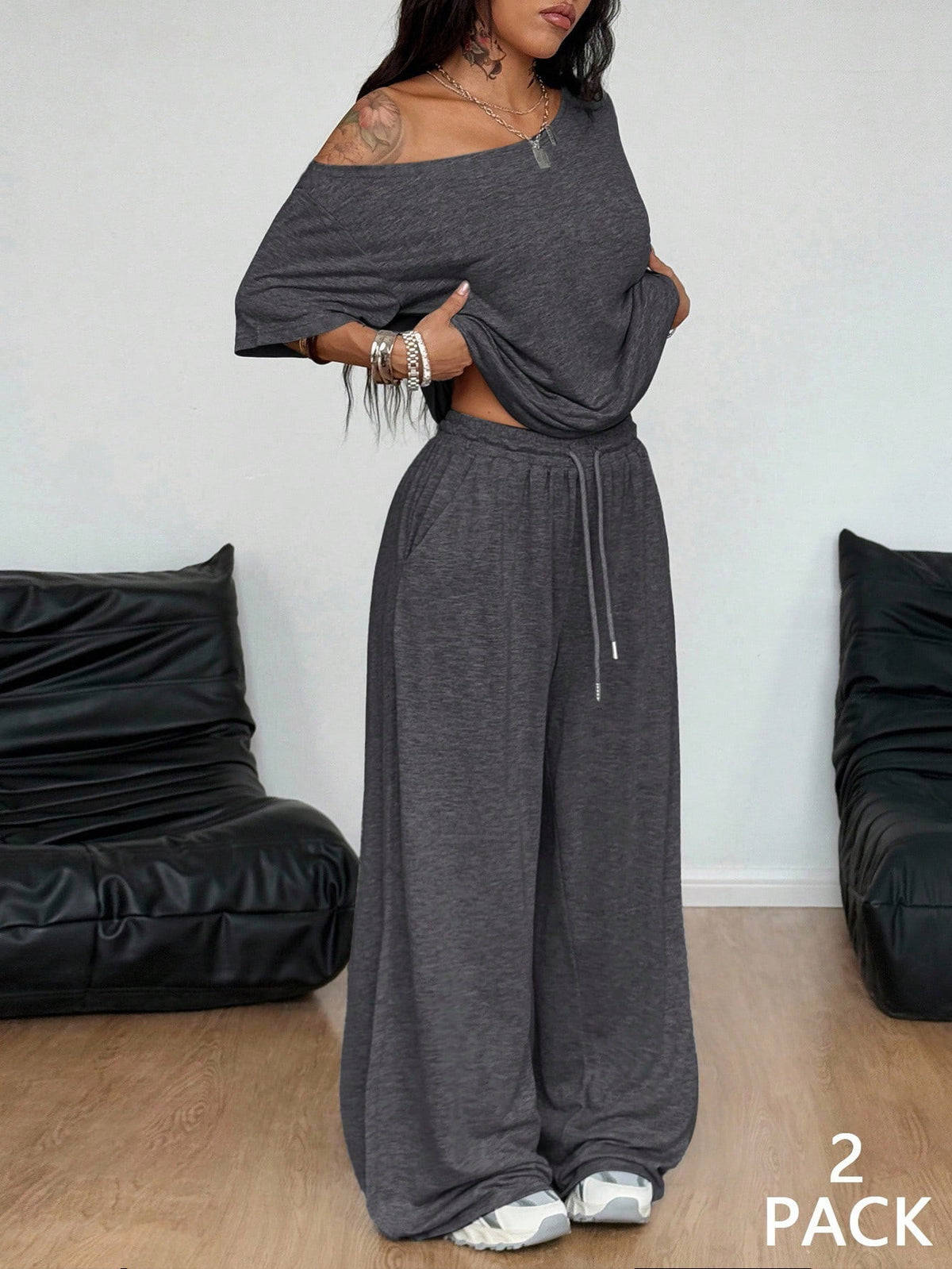 Women's Casual Solid Color Diagonal Collar Wide-Leg Pants