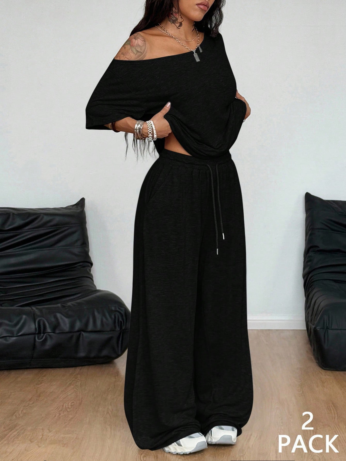 Women's Casual Solid Color Diagonal Collar Wide-Leg Pants