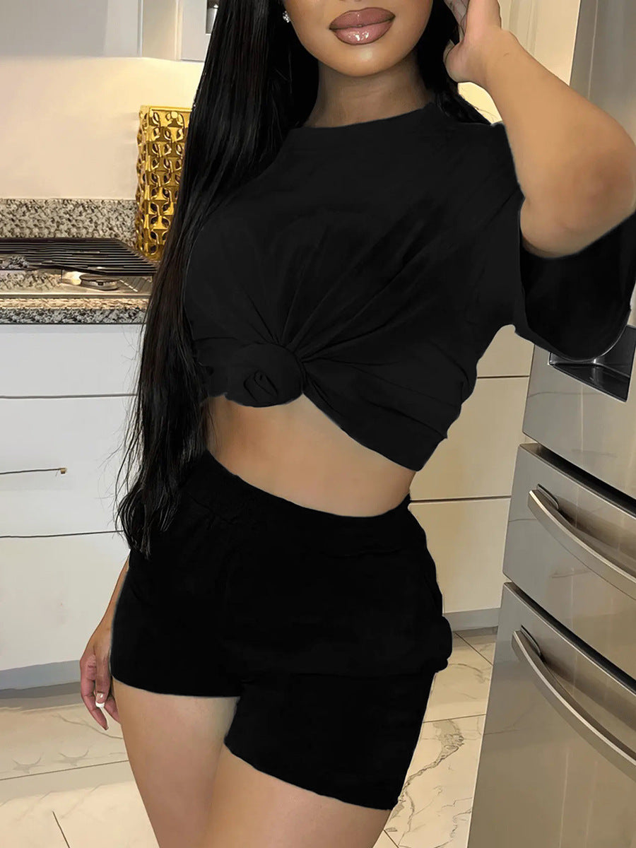 Women's Casual Solid Color T-shirt Two-Piece Set