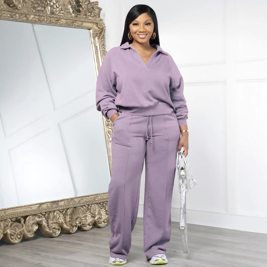 Women's Casual Solid Color V-neck Sweatsuit