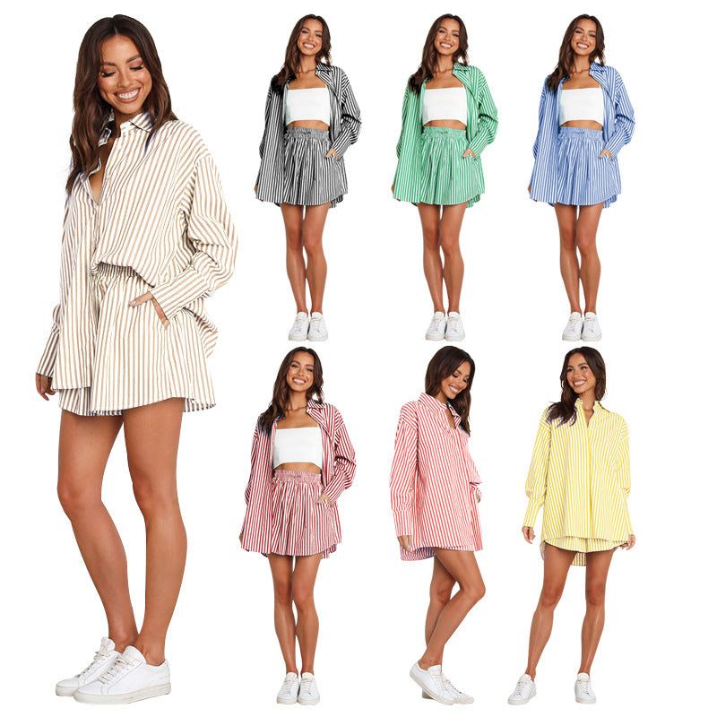 Women's Casual Striped Shirt and Pants Set