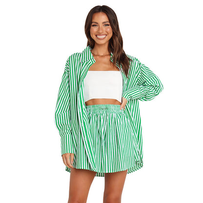 Women's Casual Striped Shirt and Pants Set