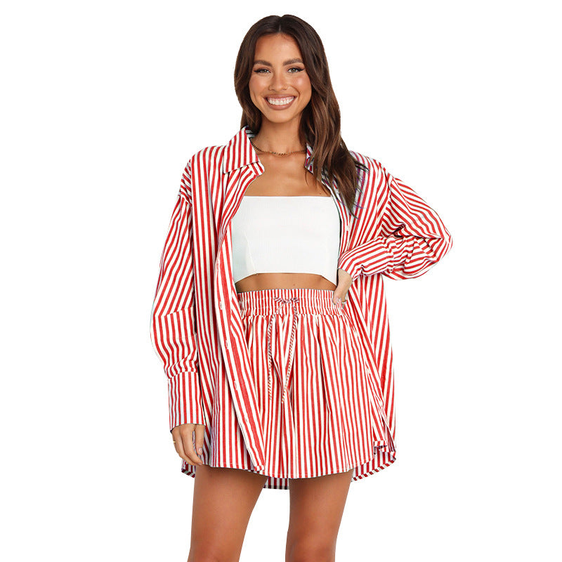 Women's Casual Striped Shirt and Pants Set