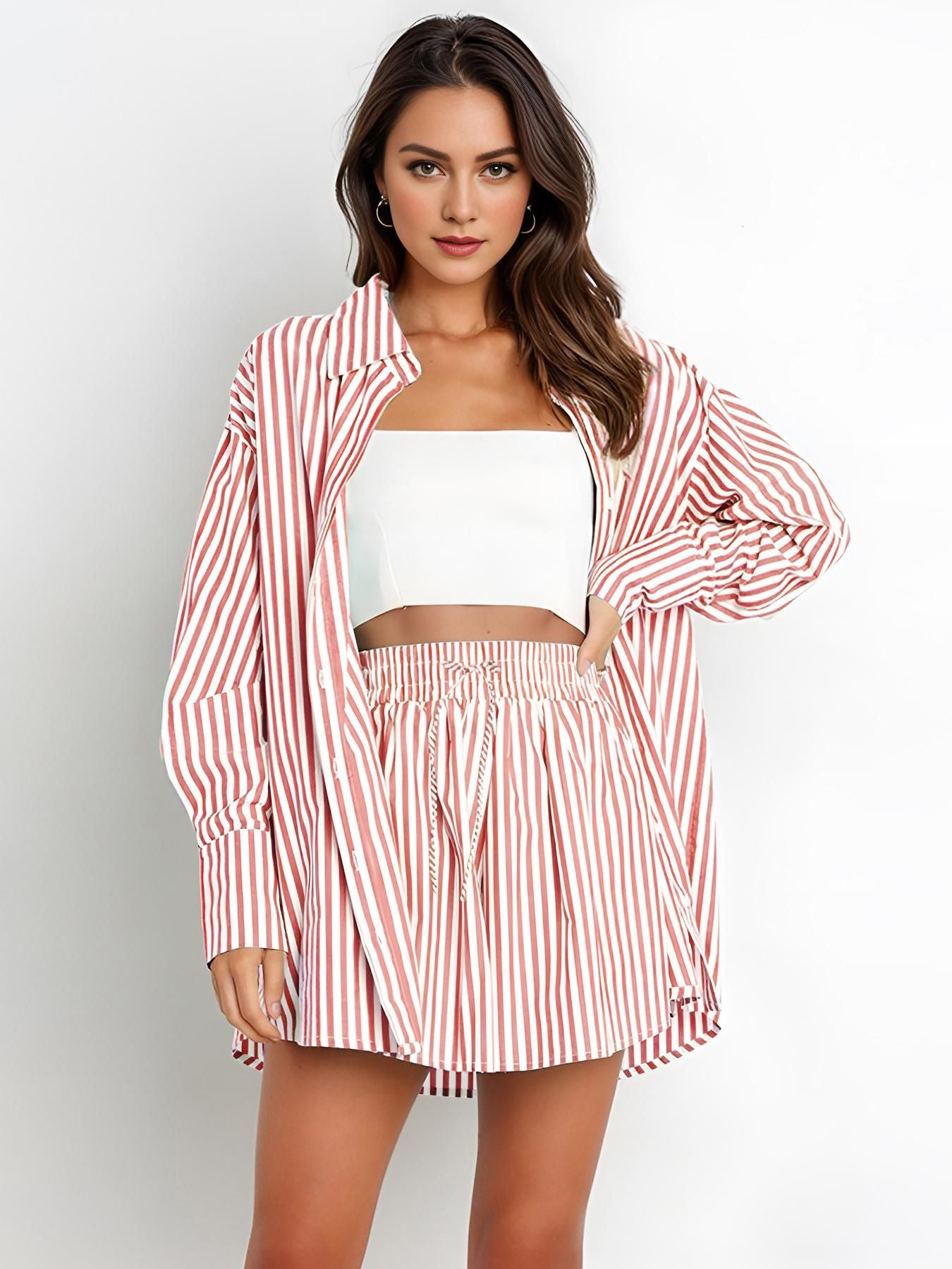 Women's Casual Striped Shirt and Pants Set