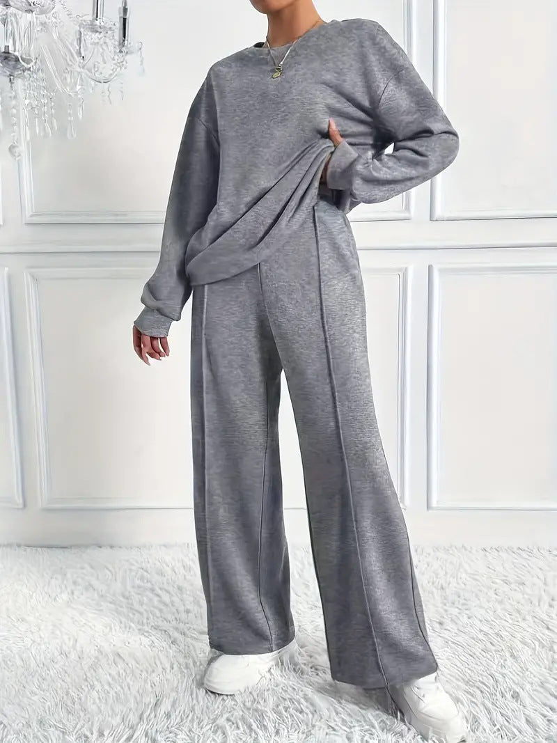Women's Casual Two-Piece Set Long Sleeve Round Neck Pants Outfit