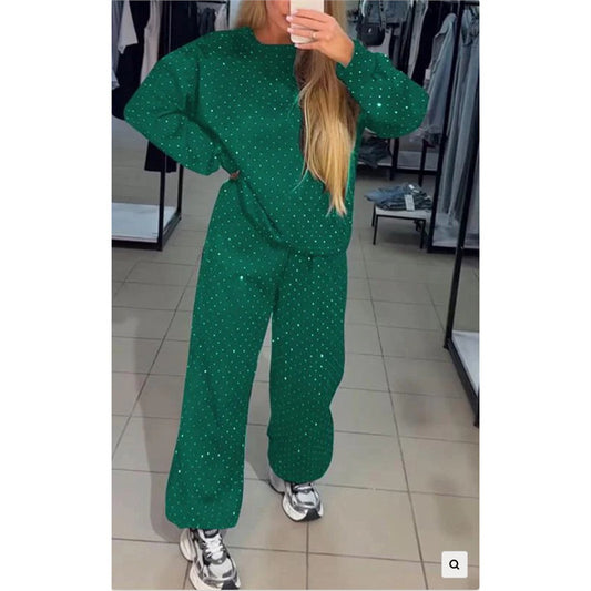 Women's Casual Two-Piece Set with Rhinestone Detail