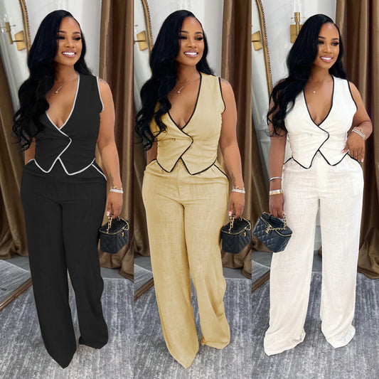 Women's Casual V-Neck Button Top and Pants Two-Piece Set