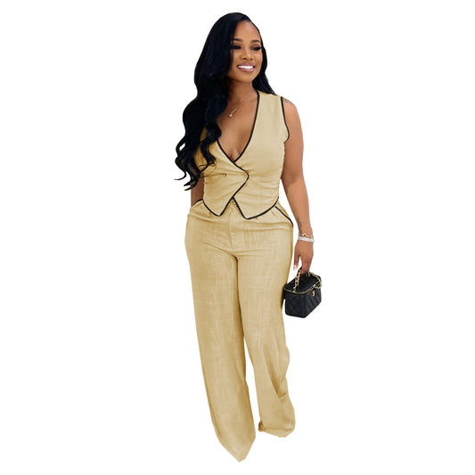 Women's Casual V-Neck Button Top and Pants Two-Piece Set