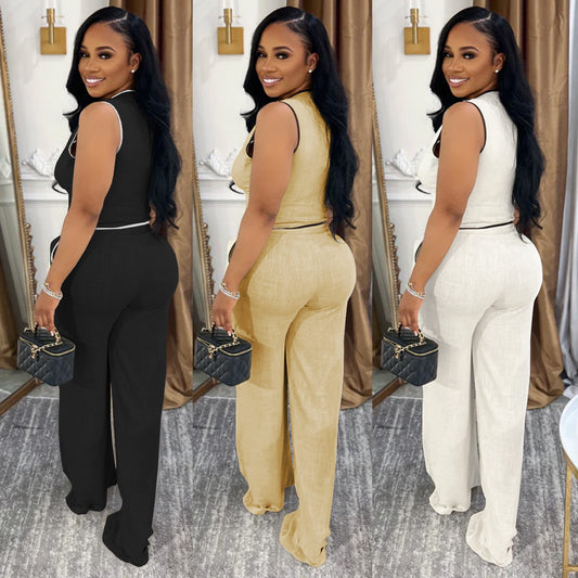 Women's Casual V-Neck Button Top and Pants Two-Piece Set