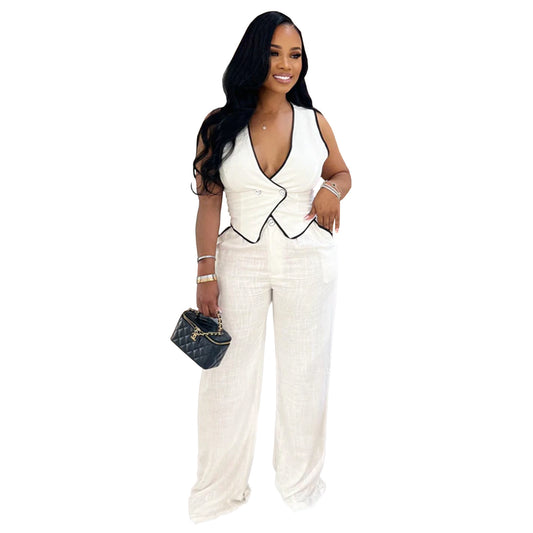 Women's Casual V-Neck Button Top and Pants Two-Piece Set