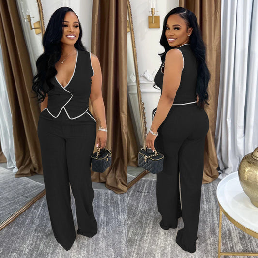 Women's Casual V-Neck Button Top and Pants Two-Piece Set