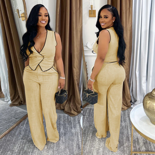 Women's Casual V-Neck Button Top and Pants Two-Piece Set