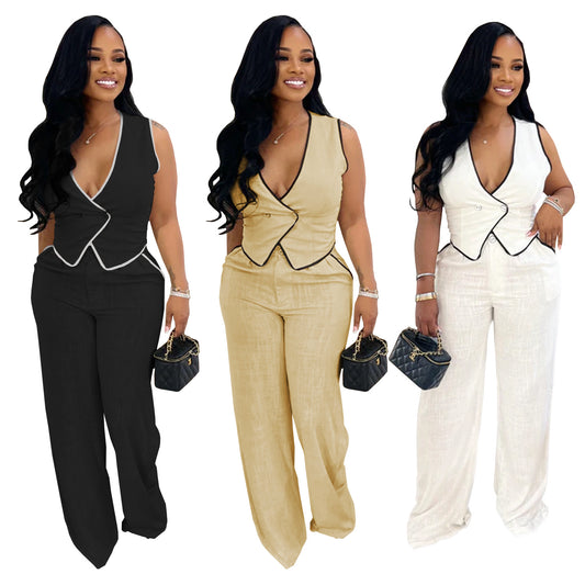 Women's Casual V-Neck Button Top and Pants Two-Piece Set