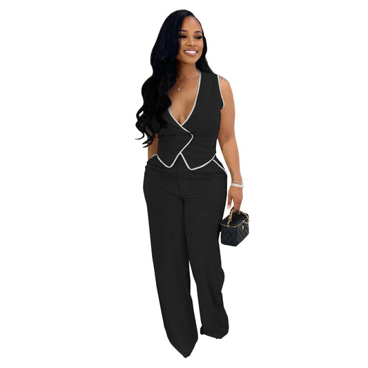 Women's Casual V-Neck Button Top and Pants Two-Piece Set
