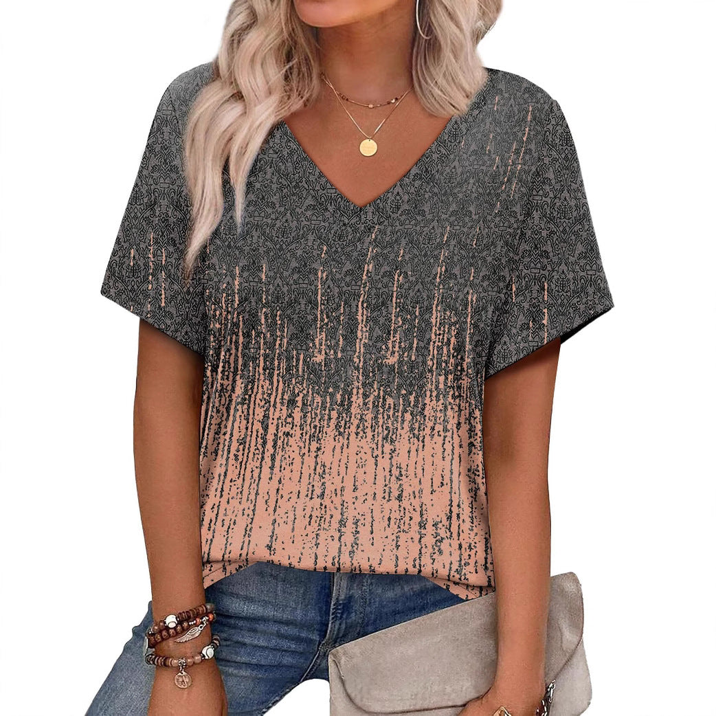Women's Casual V-Neck Short Sleeve Printed T-Shirt