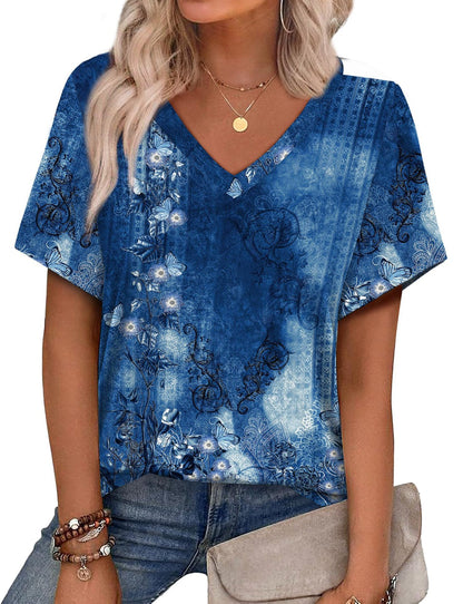 Women's Casual V-Neck Short Sleeve Printed T-Shirt