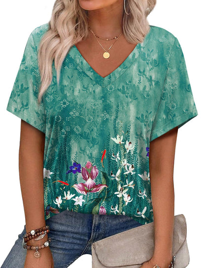 Women's Casual V-Neck Short Sleeve Printed T-Shirt