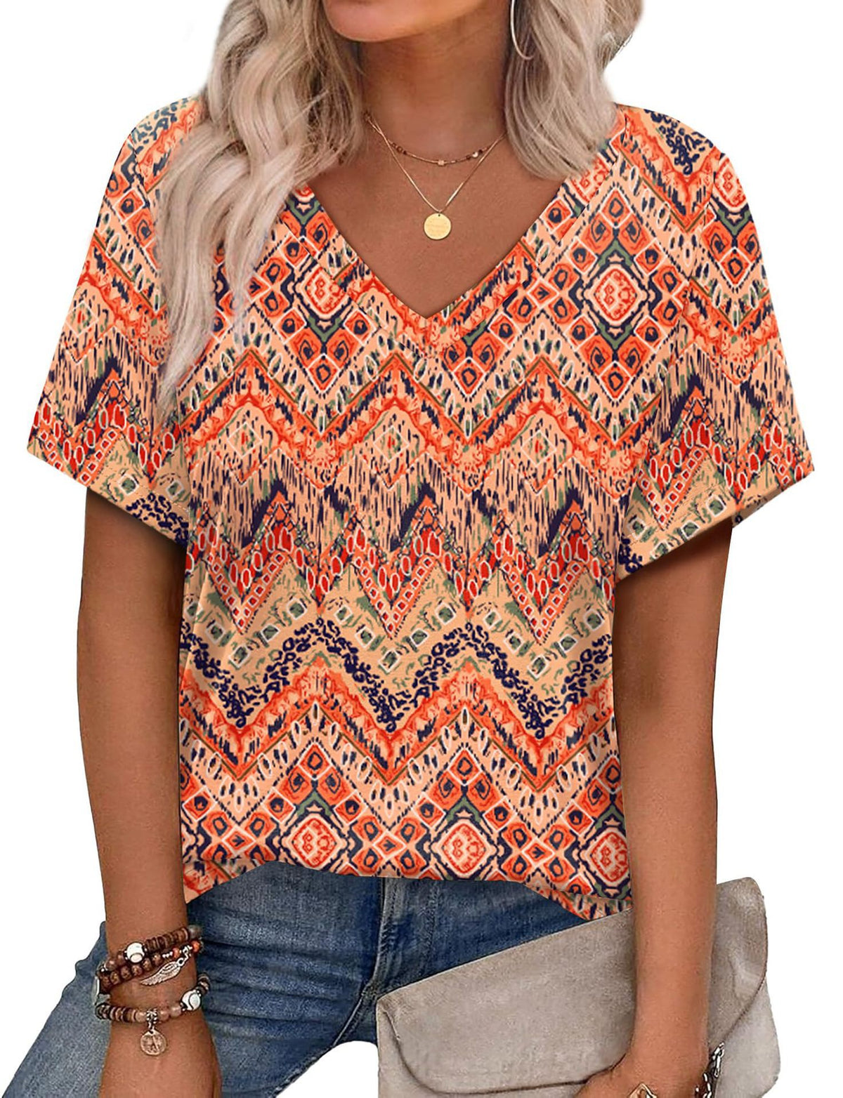 Women's Casual V-Neck Short Sleeve Printed T-Shirt