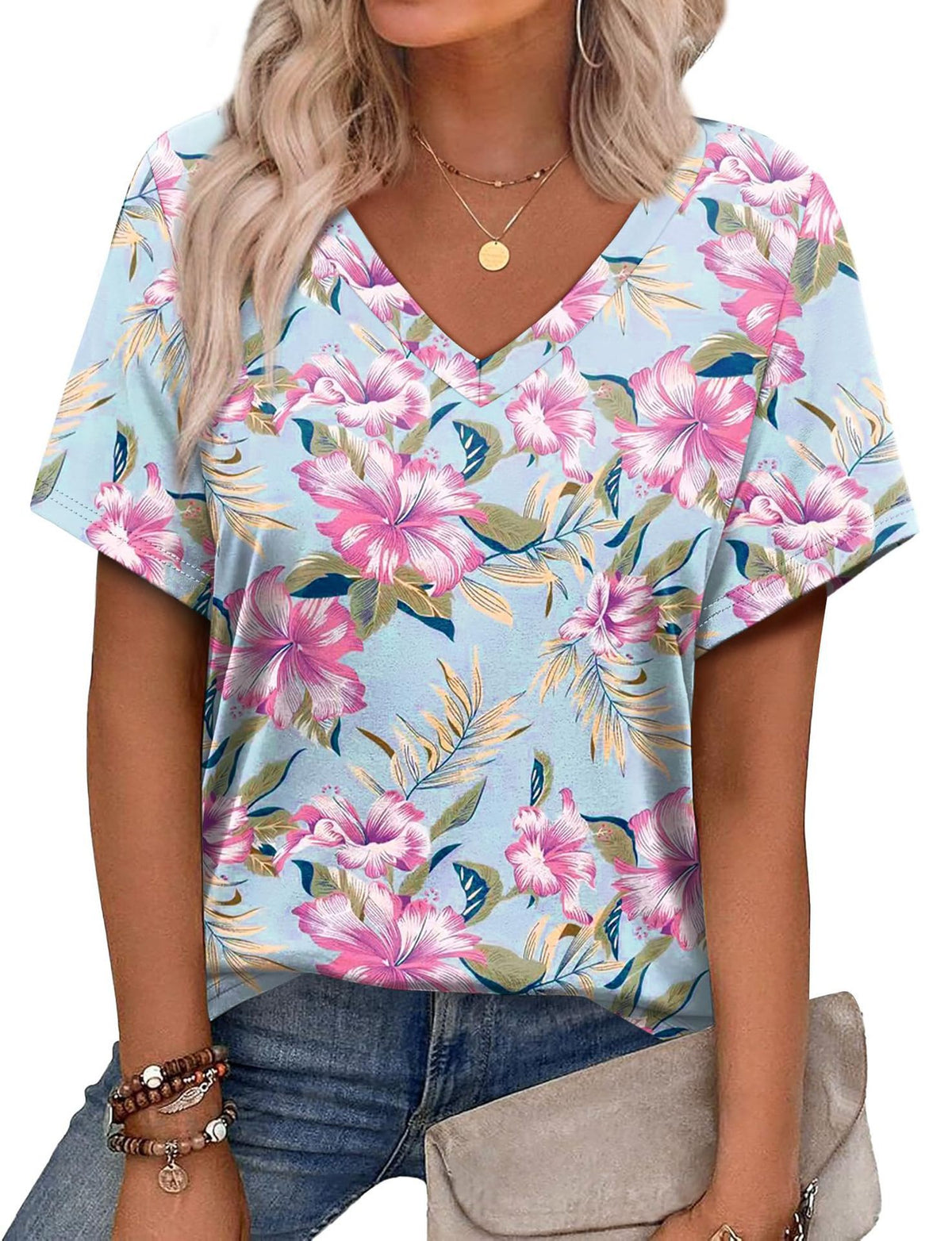 Women's Casual V-Neck Short Sleeve Printed T-Shirt