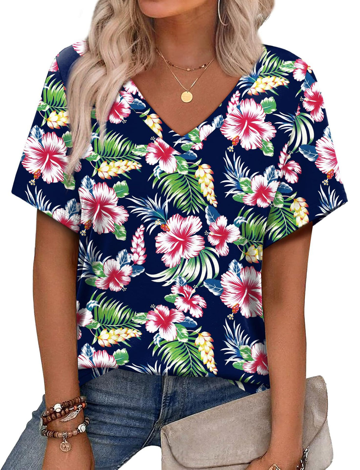 Women's Casual V-Neck Short Sleeve Printed T-Shirt