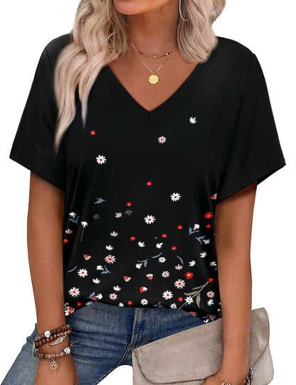 Women's Casual V-Neck Short Sleeve Printed T-Shirt