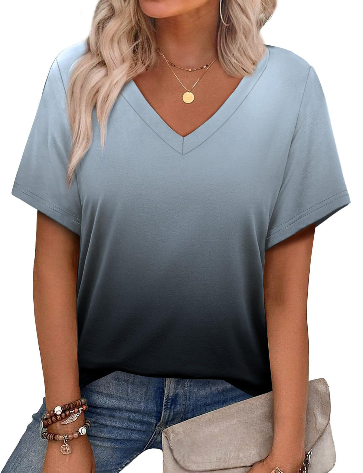 Women's Casual V-Neck Short Sleeve Printed T-Shirt