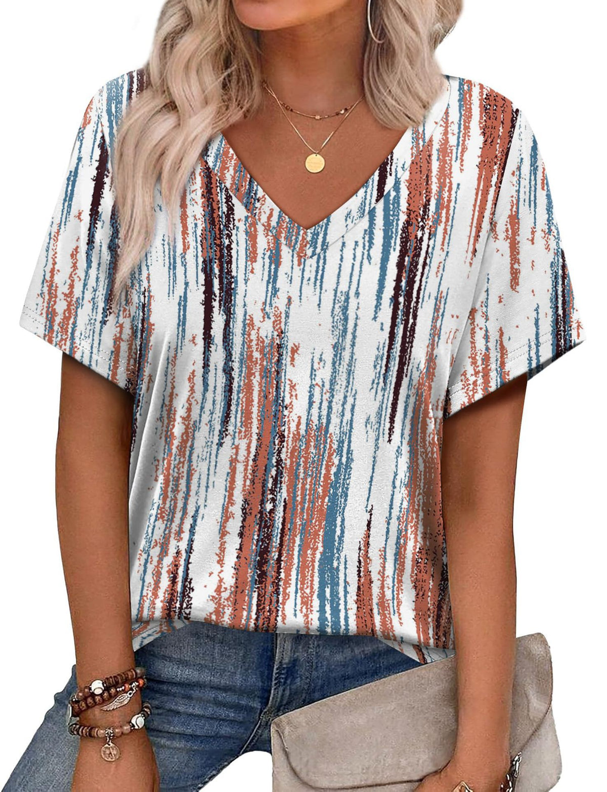 Women's Casual V-Neck Short Sleeve Printed T-Shirt