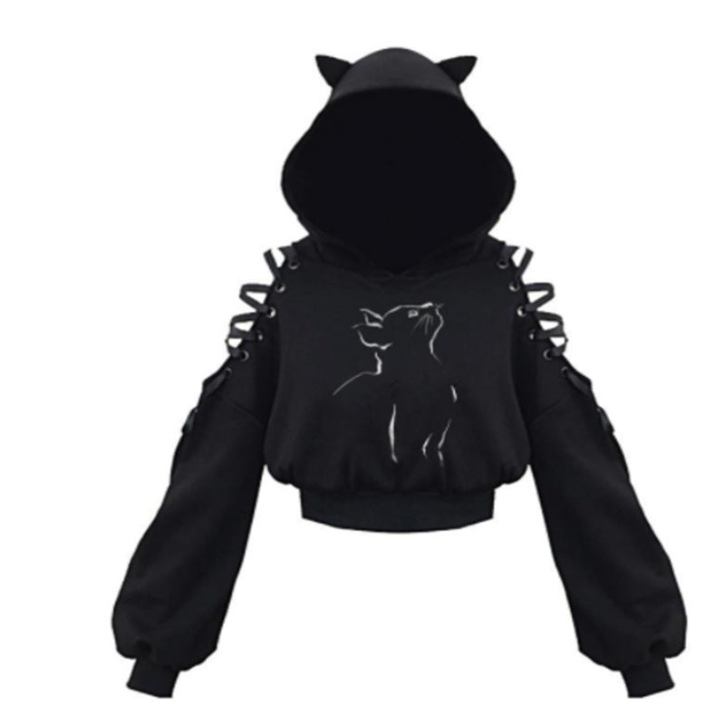 Women's Cat Ear Hooded Off-Shoulder Sweater