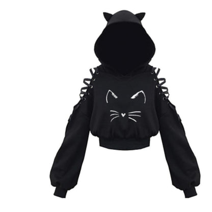 Women's Cat Ear Hooded Off-Shoulder Sweater